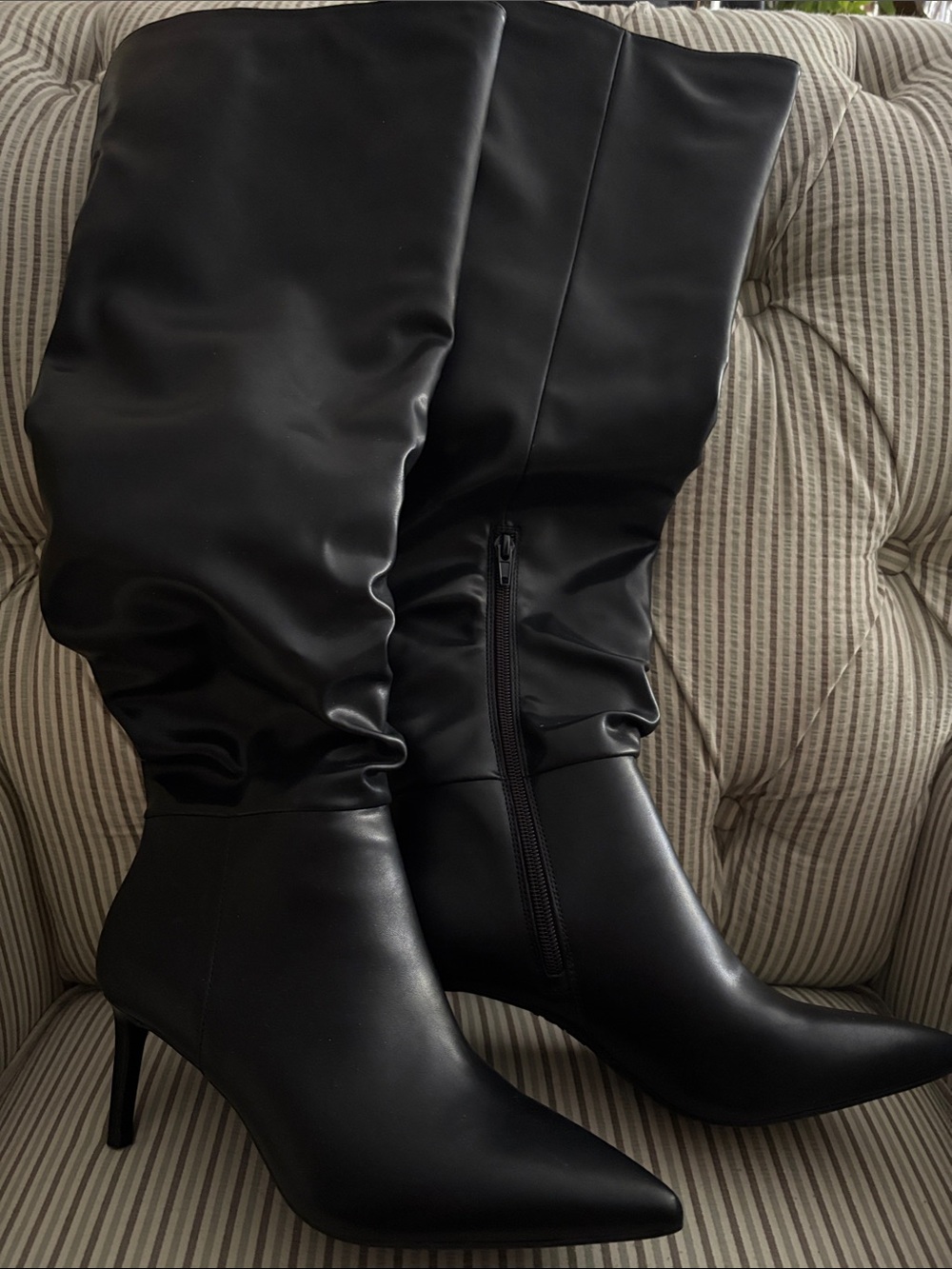 INC International Concepts Black Pointed-Toe Knee-High Stiletto Boots